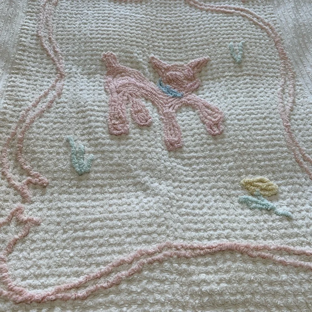 1950s Vintage Cotton Chenille Lamb Baby Blanket 62x39